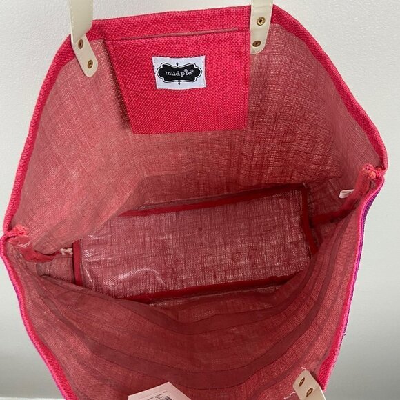 MUD PIE | Dazzle Jute Red Hot Pink Sequin Stripe Large Tote Bag - Picture 7 of 9